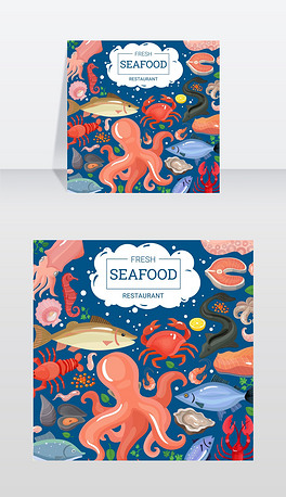 新鲜海鲜餐厅背景海产品背景海生动物卡通形象构成及海产品矢量图